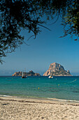 Spain,Cala D'Hort beach with Es Vedra Island behind,Ibiza