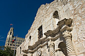 The Alamo With The Emily Morgan Building And Hotel In The Background,San Antonio,Texas,Usa