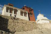 Buddhist Gompa and chorten in Leh. Leh was the capital of the Himalayan kingdom of Ladakh,now the Leh District in the state of Jammu and Kashmir,India. Leh is at an altitude of 3,500 meters (11,483 ft).