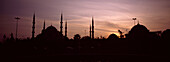 Turkey,Istanbul,Or Sultan Ahmet Cami At Sunset,Sultanahmet District,Panoramic Silhouette Of Blue Mosque