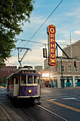USA,Tennessee,Vintage streetcar near Orpheum Theater,Memphis
