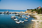 Greece,Halkidiki,Small traditional fishing boast moored in harbour,Nea Roda