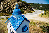 Greece,Halkidiki,Rusty miniature church roadside shrine,Sithonia