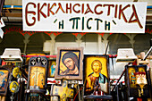 Greece,Icons censers and other religious items for sale at market stall,Thessaloniki