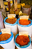 Greece,Sacks of paprika and other spices for sale at herb and spice shop,Thessaloniki