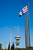 Greece,Telecom tower and Greek flag,Thessaloniki