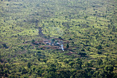 Ethiopia,Omo Valley,Southern Mursiland,Aerial view of traditional Mursi village,Dirikoro
