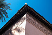 Morocco,Cornice elaborately decorated with islamic traditional engravings at Saadian Tombs garden,Marrakech