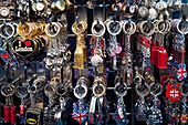 UK,England,Camden,London,Souvenir key rings for sale in Camden Market