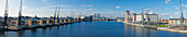 UK,Panoramic view of Canary Wharf from Royal Victoria Docks,London