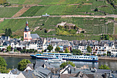 Boats In The Moselle River With Vineyards On The Slopes,Mosel,Germany