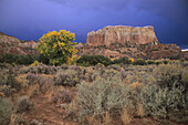 Butte und Salbeipflanzen in der Wüste von New Mexico, USA, eine Butte, die Georgia O'Keeffe oft auf ihrer Ghost Ranch malte, Abiquiu, New Mexico, Vereinigte Staaten von Amerika