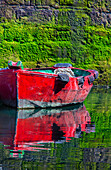 Kleines, hölzernes Fischerboot, am Ufer vertäut, mit einer Spiegelung im ruhigen Wasser in der Küstenstadt Getaria, Getaria, Gipuzkoa, Spanien