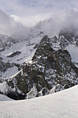 Mont Blanc as seen from Aiguille du Midi,with clouds obscuring the mountain peaks,Chamonix,France