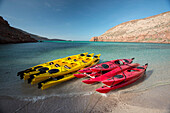Kayaks stacked and tied together on Isla Partida,Isla Partida,Baja California,Mexico