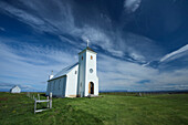 Kirche auf Flatey Island, der größten Insel der westlichen Inseln, gelegen in Breidafjordur im nordwestlichen Teil Islands, Island