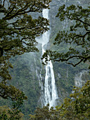 Sutherland Falls, der dritthöchste Wasserfall der Welt, stürzt 580 Meter in die Tiefe, entlang des Milford Track auf der Südinsel von Neuseeland, Milford Sound, Südinsel, Neuseeland