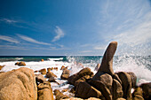 Blue water splashing against rocks on the beach on the Cote d'Azure,French Riviera,France