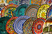 Dishware for sale,colorful plates in rows displayed in a shop in the Spice Bazaar in the Fatih District,Istanbul,Turkey