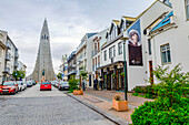 One of the tourist shopping streets in Reykjavik with a view of Hallgrimskirkja church in the distance,Reykjavik,Iceland