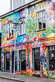 Ein wunderschönes, künstlerisch bemaltes Gebäude in der Innenstadt von Reykjavik, typisch für die Künstlerviertel, die viele mit Grafitti und Kunst bedeckte Gebäude haben, Reykjavik, Island