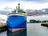 Schiff im Hafen von Reykjavik, mit Blick auf die Harpa-Konzerthalle und das Konferenzzentrum am Wasser, Reykjavik, Reykjavik, Island