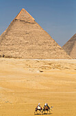 Touristen reiten auf Kamelen,Chephren-Pyramide,Pyramidenkomplex von Gizeh,UNESCO-Welterbe,Gizeh,Ägypten