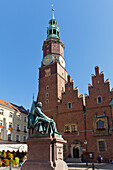 Aleksander Fredro Monument in front of the clock tower of the Town Hall,Wroclaw,Silesia,Poland