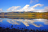 Spiegelbild von Wolken und herbstlich gefärbtem Laub entlang der Uferlinie des Columbia River, Oregon, Vereinigte Staaten von Amerika
