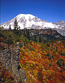 Schneebedeckter Mount Rainier im Herbst im Mount Rainier National Park, Washington, Vereinigte Staaten von Amerika