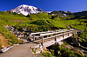 Fußgängerbrücke über einen Bach und üppiges, grünes Laub auf einer Wiese mit dem schneebedeckten Mount Rainier im Mount Rainier National Park,Washington,Vereinigte Staaten von Amerika