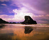 Eine Felsformation spiegelt sich im nassen Sand am Strand von Cape Sebastian an der Küste von Oregon mit dramatischen Wolkenformationen über dem Meer, Oregon, Vereinigte Staaten von Amerika