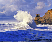 Explodierende Welle entlang einer zerklüfteten Küste am Cape Kiwanda, Pacific City, Oregon, Vereinigte Staaten von Amerika