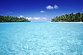 Bright turquoise ocean water and palm trees with white sand beaches on the islands,Cook Islands