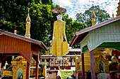 Stehendes Buddha-Bildnis im Kloster und in den Pagoden auf der Insel Shwe Paw im Irrawaddy-Fluss, Shwegu, Myanmar/Burma, Shwegu, Kachin, Myanmar