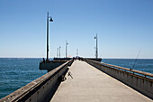 Mehrere Angelruten ruhen auf dem Geländer am Venice Fishing Pier, Venice Beach, Venice, Los Angeles, Kalifornien
