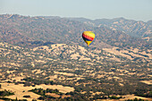 Vor einer bergigen Kulisse fliegt ein Heißluftballon über Bäume und kleine Weinberge in Kalifornien, östlich des Napa Valley,Winters,Kalifornien