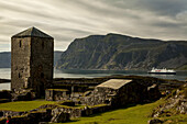 Selje Abbey with a cruise ship in the distance.