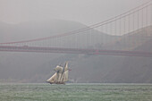 Ein zweimastiger Schoner segelt unter der Golden Gate Bridge hindurch,San Francisco,Kalifornien.