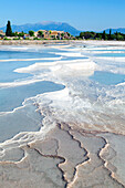 Pamukkale,the white travertine limestone terraces and pools. Pamukkale is known as the Cotton Castle. It is a UNESCO World Heritage Site,Pamukkale,Denizli Province,Turkey