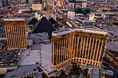 Aerial view of landmark hotels and the Las Vegas Strip in Las Vegas at sunset,Las Vegas,Nevada,United States of America