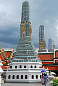 View of Thai spires,or prangs at the Grand Palace.,The Grand Palace,Bangkok,Thailand.
