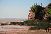 Touristen, die bei Ebbe in der Nähe von Felsformationen und der Bay of Fundy spazieren gehen.,Hopewell Rocks Ocean Tidal Exploration Site, Hopewell Cape, New Brunswick, Kanada.