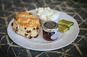 Scones with jam and cream served in the United Kingdom,Arthingworth,Northamptonshire,England