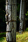 Zwei Totempfähle bei SGang Gwaay Llanagaay,Ninstints auf Englisch,ein verlassenes Haida-Dorf auf Anthony Island,Anthony Island,Haida Gwaii,British Columbia,Kanada