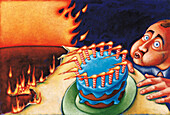 Illustration eines Mannes, der durch das Ausblasen von Kerzen auf einer Torte ein Feuer verursacht