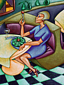 Illustration einer Frau, die im Restaurant sitzt und Salat isst