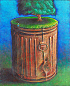 Tree Growing Out of Garbage Can with Man Sitting on Rim