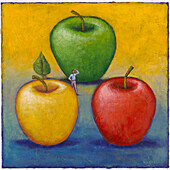 Illustration eines Mannes, der aus drei Äpfeln auswählt