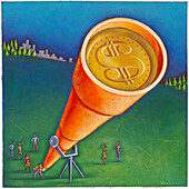 Illustration von Menschen, die Geld durch ein Teleskop betrachten